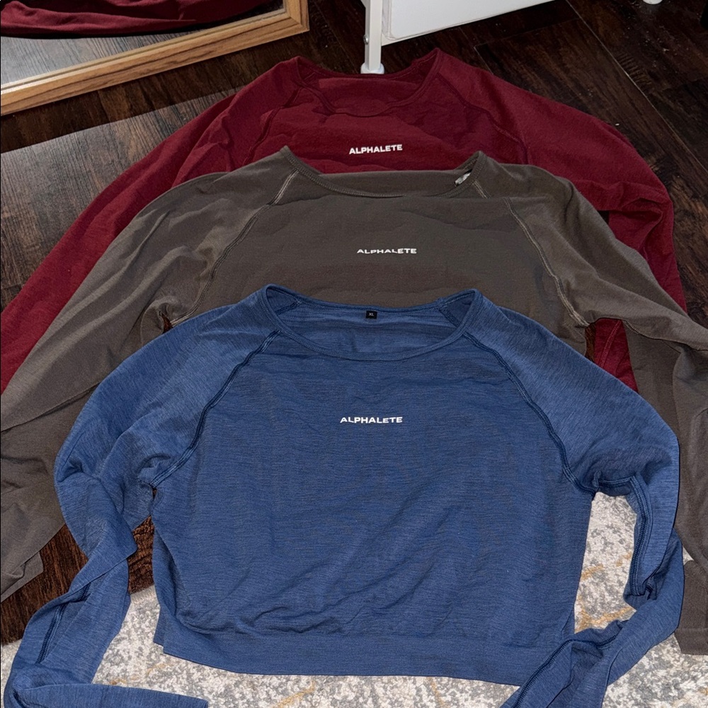 Alphalete Trio Long Sleeve Crop Tops - Burgundy, Espresso, Navy